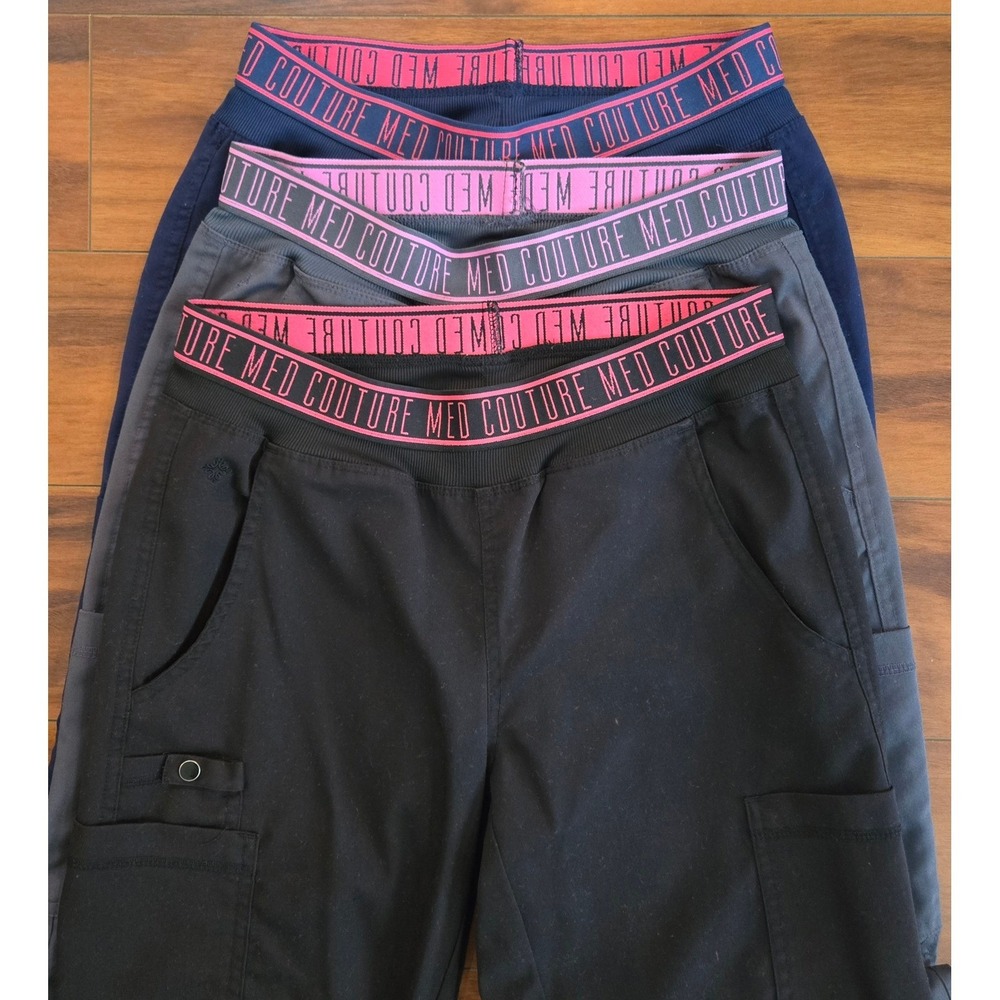 Med Couture Touch Elastic Waist Scrub Pants Lot of 3 Black Navy Grey XST Tall